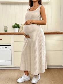 SHEIN Maternity Solid Color Ribbed Sleeveless Casual Dress - Khaki - View 6