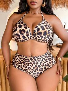 Slaydiva Bộ bikini 3 mảnh buộc dây cổ họa tiết da báo dành cho nữ cỡ lớn, kèm áo khoác ngoài, bộ đồ bơi 4 mảnh. - Màu xanh nhạt - Xem 5