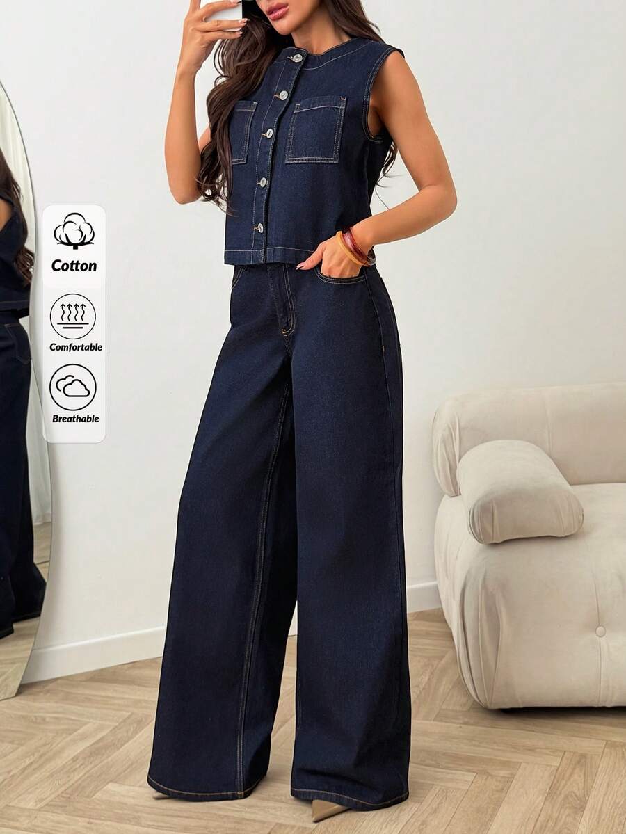 SHEIN Women's Denim 2 Pieces Set Casual Style Original Color Washed Single-Breasted Vest And Wide-Leg Pants - Medium Wash - View 1