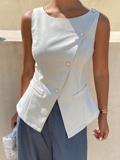 DAZY Women's Sleeveless Asymmetric Collar Solid Color Vest, Elegant Formal Summer Top