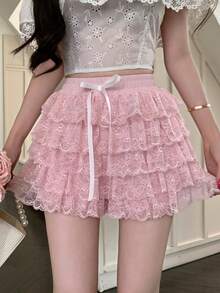 Joudiya Women's Lace Ruffle Tie Waist Skorts - Pink - View 7