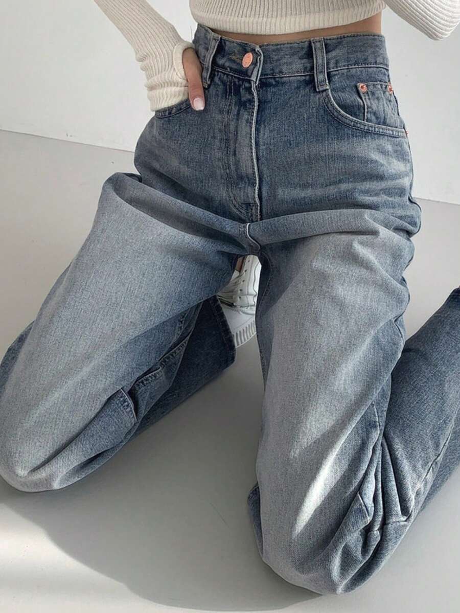 DAZY Quần jean denim rách dáng rộng kiểu Hàn Quốc dành cho nữ - Màu xanh lam - Xem 1