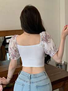 DAZY 拼接碎花短款修身花瓣袖优雅夏季女式衬衫，波西米亚风可爱上衣，Y2K风格外出上衣 - 粉色 - 查看 3