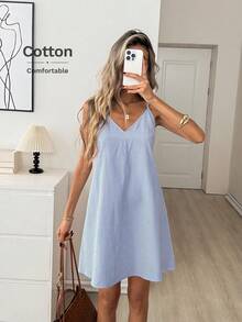 Easowa V-Neck Backless Bow Tie Camisole A-Line Dress, Doll Style Striped Cotton Fabric Casual Loose Elegant Commuter Vacation Mini Dress For Women, Spring/Summer,Summer Dresses For Women - Multicolor - View 2