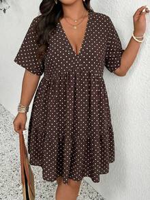 SHEIN CURVE+ CURVE+ 大尺碼極簡V領圓點洋裝，波希米亞風度假穿搭，女款沙灘洋裝/沙灘裙/沙灘度假套裝/沙灘必備/畢業典禮/下午茶派對洋裝/鄉村風/沙灘度假穿搭/沙灘穿著/沙灘服飾 - 巧克力棕 - 查看 7