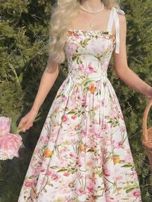 SHEIN 少女春夏休闲优雅复古蝴蝶结吊带花卉拼接腰带装饰中长连衣裙，适合周末、休闲外出、毕业舞会、花园派对、婚礼季、生日聚会等场合。 - 彩色 - 查看 5