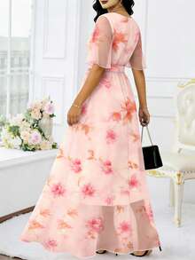 Modelyn 花卉扎染模糊印花大码女装连衣裙，时尚圆领荷叶袖简约长裙，夏季收腰优雅长款连衣裙，花卉图案浅粉色雪纺长裙，适合夏季度假和日常穿着 - 彩色 - 查看 2