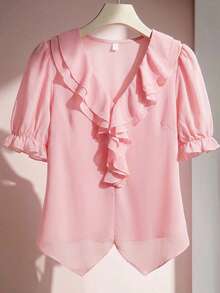 Reflora Áo kiểu nữ cỡ lớn màu trơn cổ bèo tay ngắn kiểu cánh hoa - Hồng - Xem 1