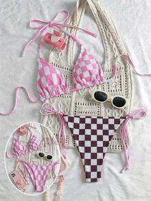 Swim Mod Bộ bikini nữ kẻ caro hai mặt có dây buộc cổ - Nhiều màu - Xem 4