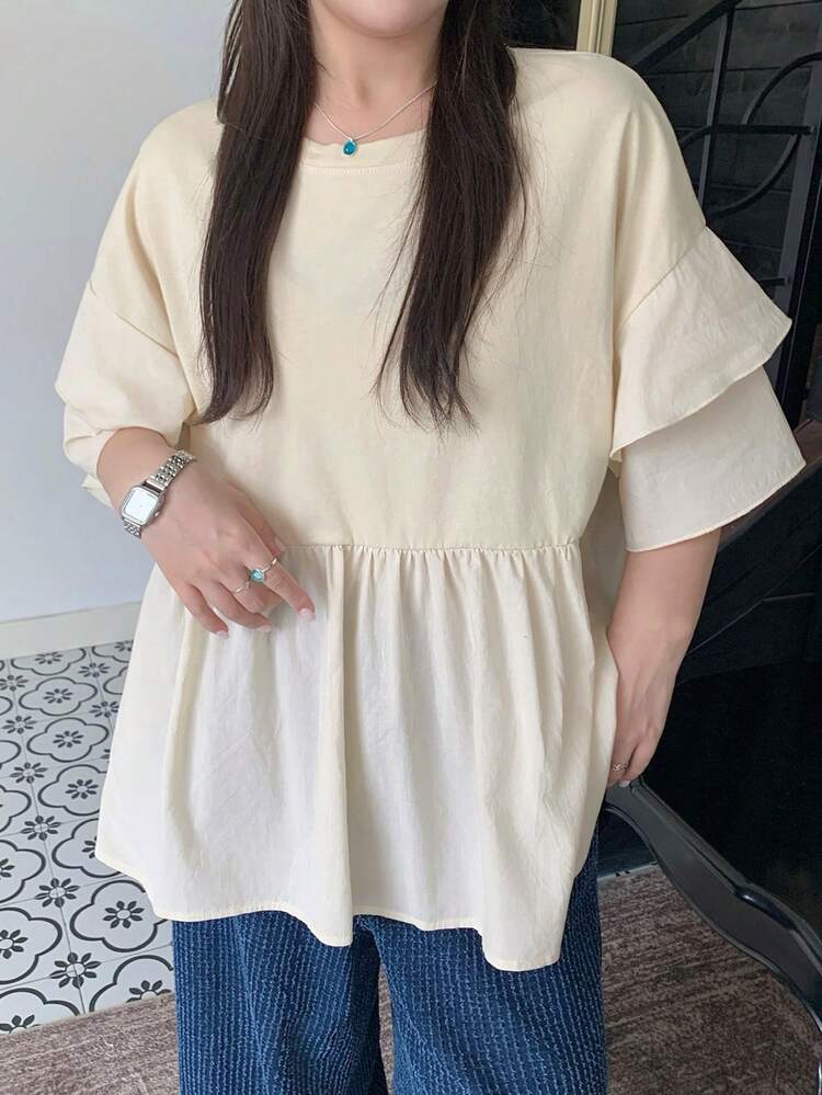 Dazy Plus Plus Size Women's Loose Casual Solid Color Round Neck Flare Sleeve Patchwork Lightweight Thin Fabric Pleated Waist T-Shirt, Spring & Summer