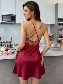 SilkySpell Solid Color Lace Trim Satin Camisole Nightgown - Red - View 3