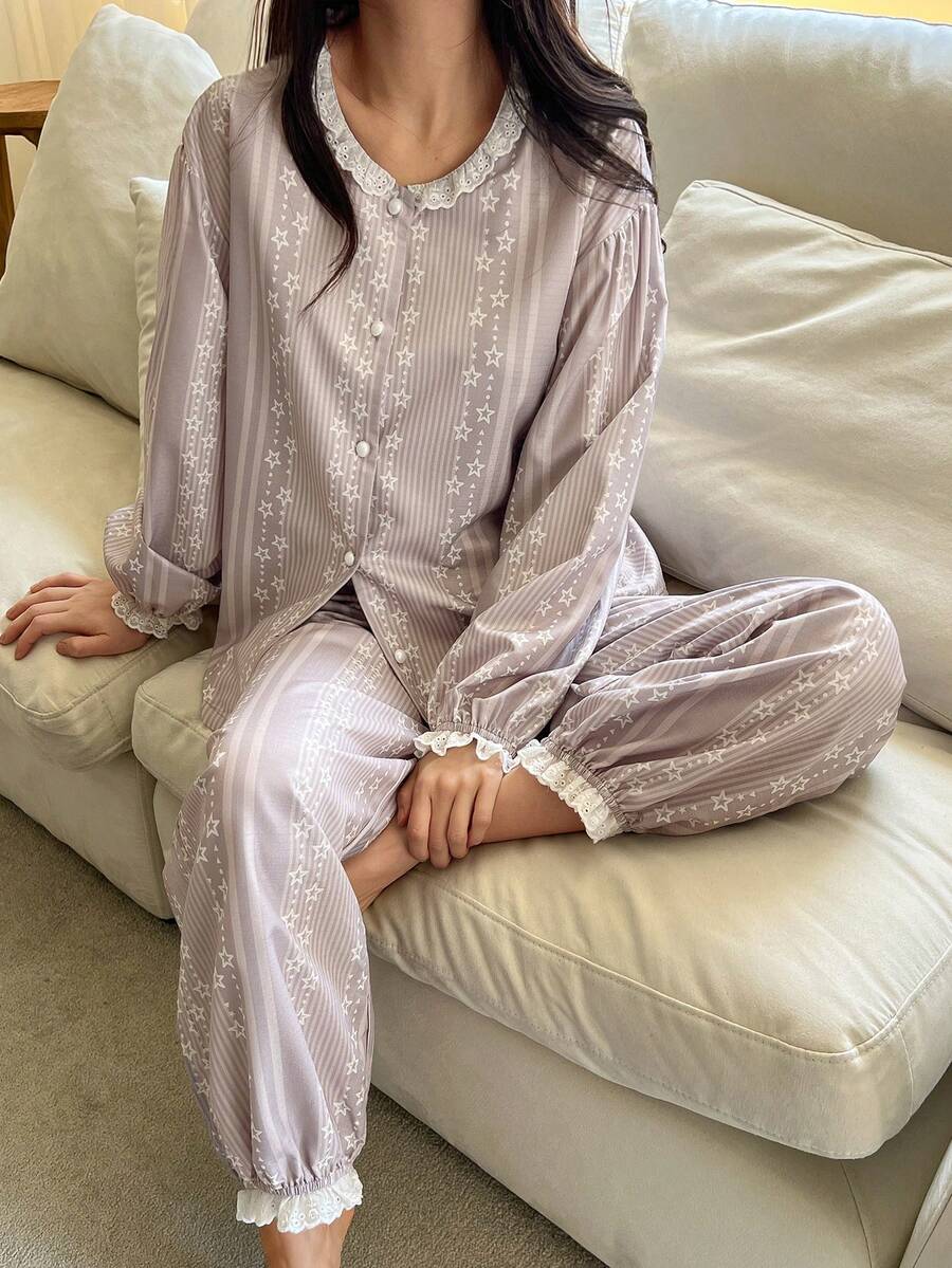 DAZY 女士花卉条纹印花纽扣前开襟长袖上衣和裤子睡衣套装 - 灰色 - 查看 1