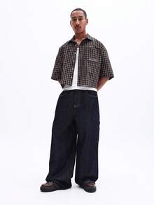 SUMWON Men Black Checkered Short Sleeve Button Down Casual Shirt With Script Embroidery Classic Collar Spring Summer - Black - View 4