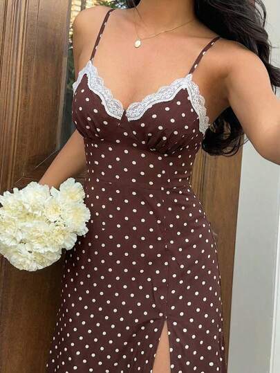 Pariaura 女士优雅性感高开衩波点吊带V领蕾丝拼接连衣裙，适合夏季度假、日常出行、婚礼及活动、海滩穿着、春季派对等场合。