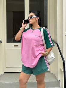 Muchica Plus Size Women Pink Pastel Pink Raglan Sleeve T-Shirt And Shorts Casual 2 Pieces Set Office Workout Summer - Multicolor - View 4
