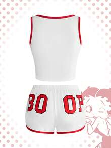 Betty Boop | ROMWE Bộ đồ ngủ thường ngày in kỹ thuật số IP Collab gồm áo hai dây và quần short viền tương phản. - trắng - Xem 2