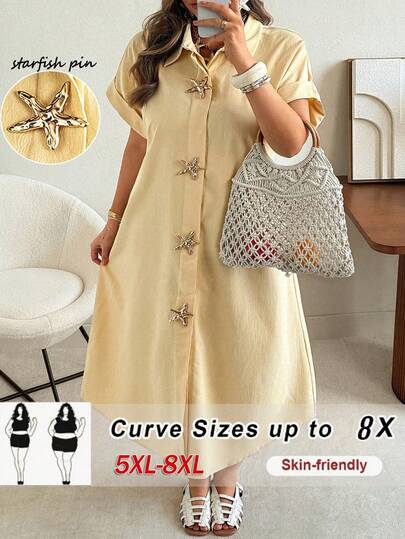 SHEIN CURVE+ Plus Size Women's Casual Solid Color Textured Woven Fabric Round Neck, Double-Breasted Design, Starfish Metal Button Decor, Raglan Sleeve, Cuff Fold Design, Asymmetric Hem, Versatile Design Sense, Suitable For Party, Music Festival, Casual, Beach, Vacation, Night Date. New Plus Size Ladies Fashion Item For Valentine's Day, Short Sleeve Maxi Dress