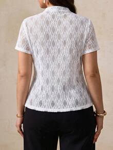 Elegantrix 1 pieza Camiseta de mujer de talla grande con cuello de pie hueco y estampado de polvo, elegante y casual, para primavera/verano - Blanco - Ver 2