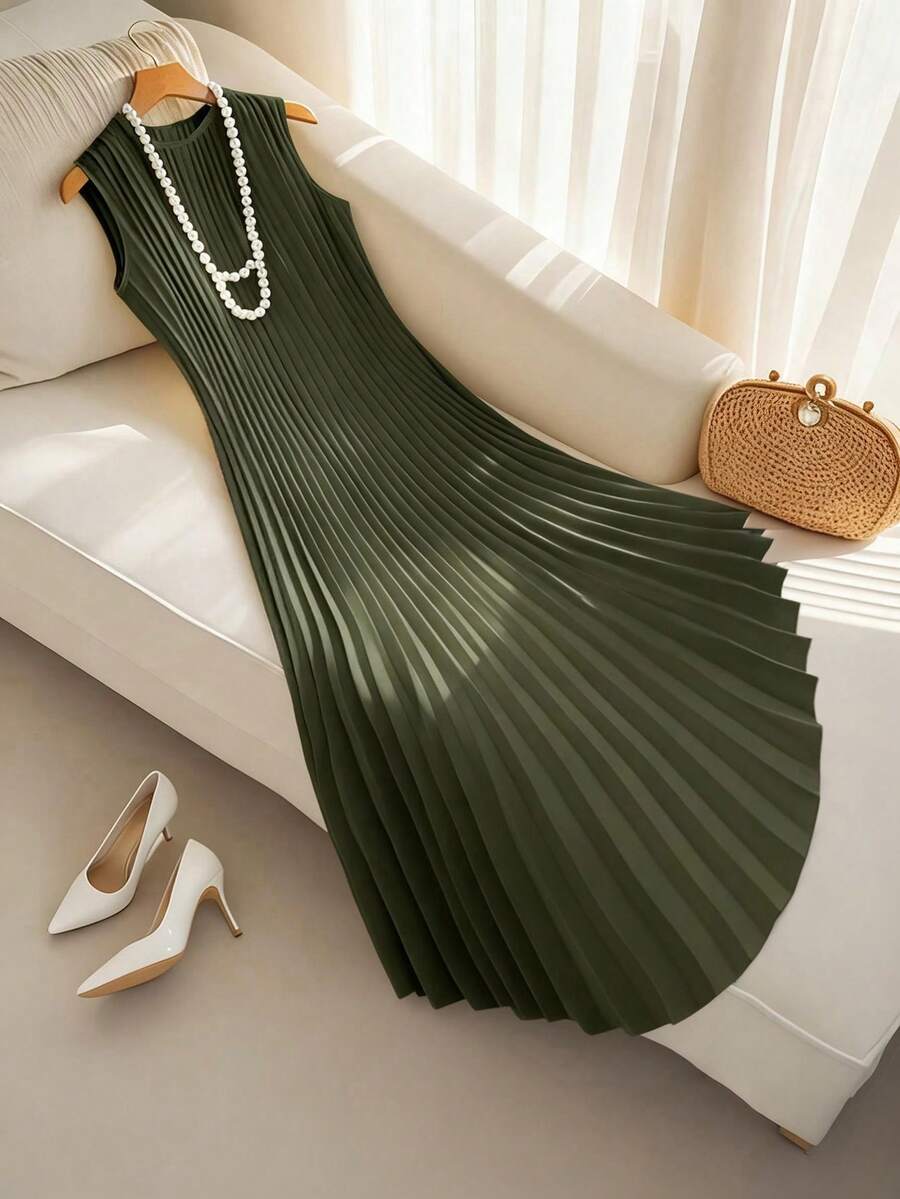 GlowEve CURVE Plus-Size Women's Summer Dress: Elegant, Simple, Solid-Color, Sleeveless, And Ruched-An Elegant Pleated Dress Perfect For Work, Vacations, And Dates. - Army Green - View 1