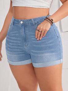 EMERY ROSE Plus Size Women's Cuffed Distressed Denim Shorts With Pockets - Baby Blue - View 6
