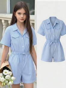 SHEIN Salopetă casual cu dungi, mânecă scurtă, pentru fete preadolescente, cu guler și talie elastică, potrivită pentru purtare zilnică, vacanțe și întâlniri - Albastru - Vizualizare 1