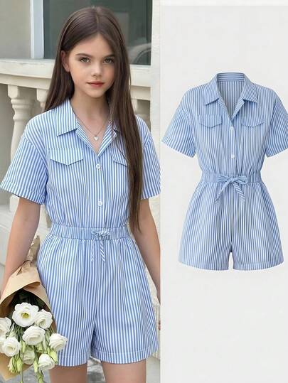 SHEIN Tween Girls Casual Striped Short Sleeve Jumpsuit With Collar And Elastic Waist, Suitable For Daily Wear, Vacation And Gatherings