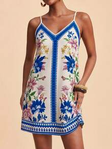 SHEIN TRVLCHIC Spring/Summer Vacation Chiffon Printed Spaghetti Strap Mini Dress For Women - Multicolor - View 1