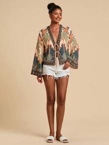 Travachic Woven Printed Long Sleeve Cropped Loose Blouse For Women,Summer Top - Multicolor - View 4