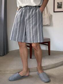 DAZY Quần short nam kẻ sọc màu xám, kiểu dáng thường ngày, thích hợp mặc ở nhà mùa hè. - Xám - Xem 6