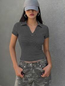 Camiseta de manga corta casual de corte ajustado con cuello de solapa y unicolor, estilo preppy para mujer - Negro 2 - Ver 3