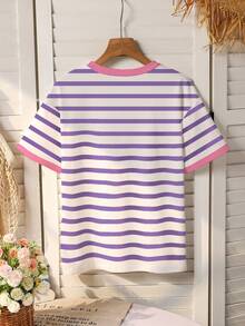 Elladie kids Camiseta feminina casual de manga curta com estampa floral delicada e listras roxas, gola redonda, ideal para o verão. - Multicolorido - Ver 2