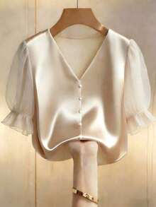 SHEIN Raffinéa Women's Champagne Satin Pearl Button V-Neck Chiffon Sleeve Blouse, Versatile & Fashionable Shirt For Daily Wear, Spring/Summer - Apricot - View 4