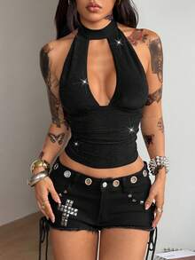 Coolane Trang phục nữ mùa xuân phong cách đường phố, tiệc tùng, hippie, punk, Y2K, áo hai dây co giãn màu đen. - màu đen - Xem 4