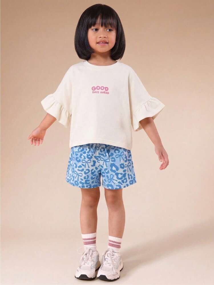 Girls Flutter Sleeve Tee And Printed Shorts Two Piece Co-Ord Set With Slogan Text And Mixed Animal Pattern Summer Outfit