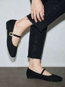 Bholvia Women's Fashion Square Toe Slip-On Black Shoes, Casual Office Wear, Versatile, Outdoor, High-Quality, Flat Mary Jane Ballet Flats For Party, Wedding, Work - Black - View 3