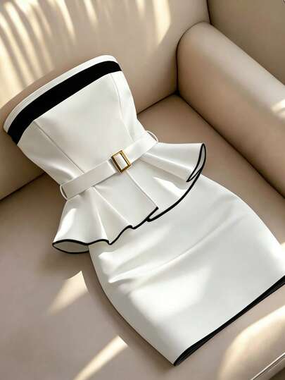 Franclia Conjunto de 2 piezas de top bandeau con volantes en el bajo y falda mini elegante con cinturón de hebilla plisado en la cintura para vacaciones de mujer