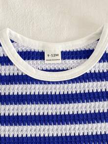 SHEIN Vintaside Kids 2件組女嬰甜美提花蕾絲飾邊無袖上衣與短褲套裝，藍白條紋，夏季熱帶度假度假村風女嬰套裝 - 藍色 - 查看 8