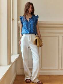 Écloséra 女士夏季休闲刺绣短袖衬衫 - 藍色 - 查看 4