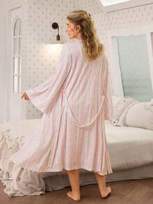 CottageSlumber Plus Size Women's Romantic Floral Lace Patchwork Nightgown And Lace Patchwork Robe 2 Pieces Set - Multicolor - View 2