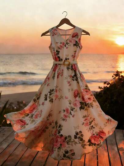 GlowEve Women's Summer Sleeveless V-Neck Cinched Waist White & Pink Floral Print A-Line Midi Dress, Floral Print Random Cut