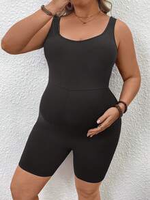 Plussiva Plus Size Maternity Casual Vacation & Commute Solid Color Scoop Neck Fitted Romper, Summer - Grey - View 5