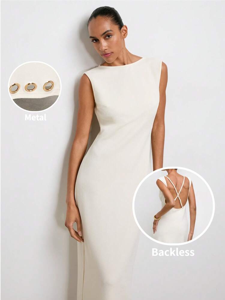 SHEIN Maija Women's Solid Color Backless Fitted Mid-Length Boat Neck Dress, Summer Outfits,Graduation Dress Women,Work Dresses For Women