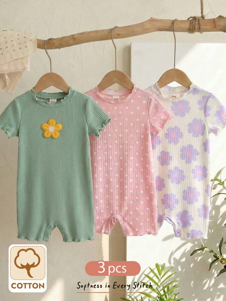 Cozy Pixies Baby Girl 3-Piece Set: Floral & Striped Knit Soft Round Neck Short Sleeve Romper & Shorts - Multicolor - View 1
