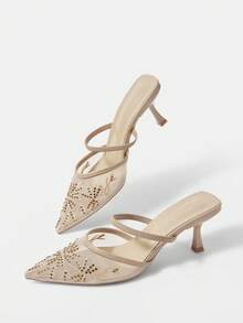 CUCCOO HITCHD Giày cao gót mũi nhọn, thoáng khí, lưới đính đá, khoét rỗng, thêu họa tiết thời trang, thanh lịch, đa năng, gợi cảm, kiểu dáng cổ tích, dự tiệc, màu mơ. - Màu be - Xem 6