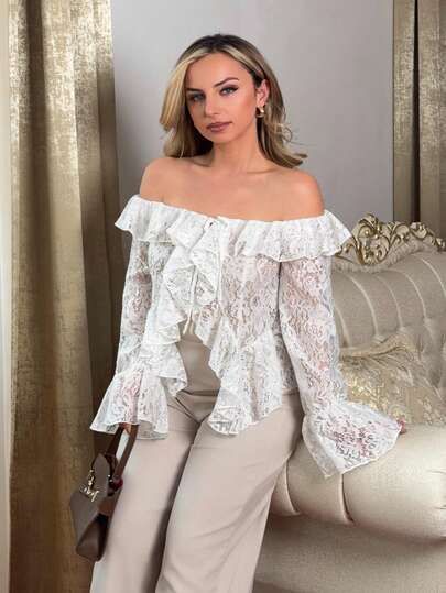 Jeta Ari Blusa blanca transparente de encaje de manga larga con hombros descubiertos, cuello abierto y volantes, para mujer, adecuada para vacaciones de verano