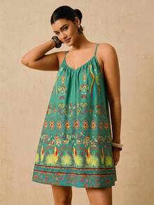 Travachic 大码印花无袖连体裤，深V领露背系带腰身彩色复古图案度假短裤，女士新款 - 綠色 - 查看 4