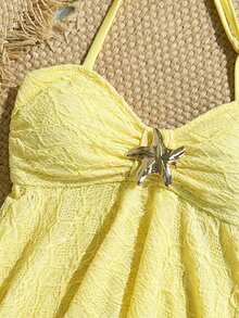 SHEIN 少女黄色提花针织背心式泳衣套装，饰有金属海星图案，可爱泳装，适合休闲度假 - 黃色 - 查看 5