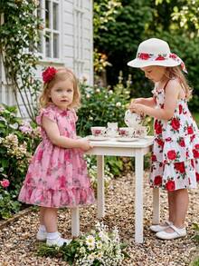 SHEIN Vestido de verano para bebé niña con estampado de rosas, manga corta y volantes, elegante y de moda, con cremallera en la espalda, versátil para uso diario, ir al trabajo, fiestas de cumpleaños, para todas las estaciones - Rosa - Ver 3