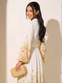 Modelyn Women's Floral Print Elegant Long Sleeve Dress - Butter Yellow - View 7