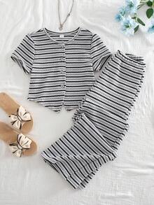 Summer Tween Girl Striped Bow Decor Button Round Neck Short Sleeve T-Shirt And Casual Pants Set Summer Outfits - Grey - View 4
